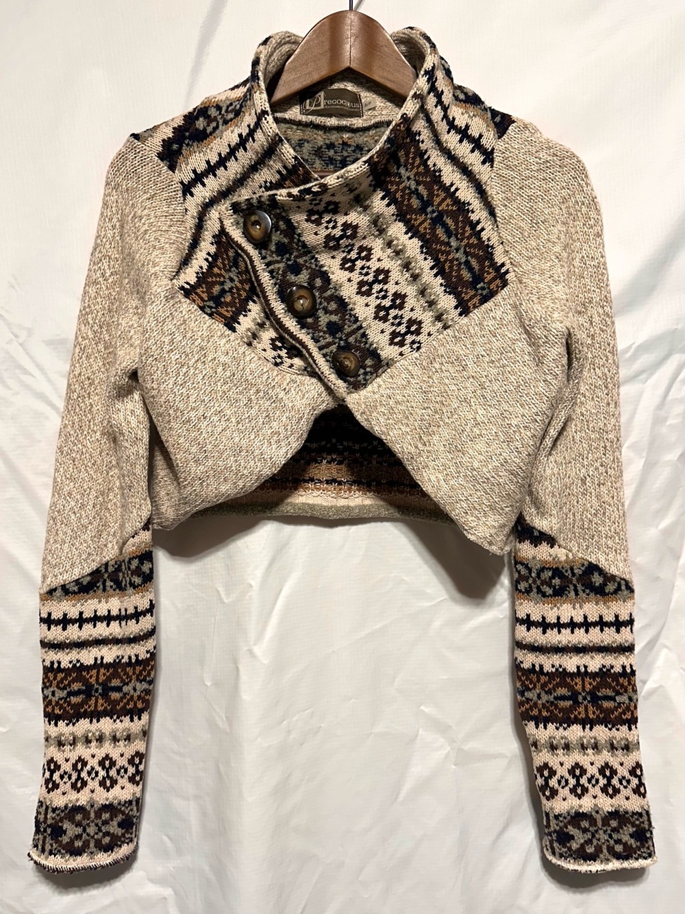 Fair Isle Cropped Shrug Sweater Jacket Nordic Artsy Boho Funnel Neck Cottagecore